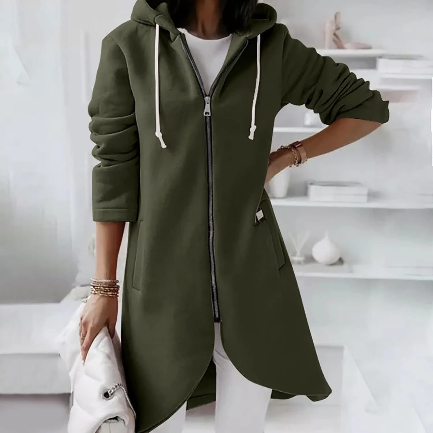 fartey Zip Up Hoodie Women Casual Oversized Long Hoodies Long Sleeve Drawstring Asymmetrical Tunic Sweatshirts With Pockets