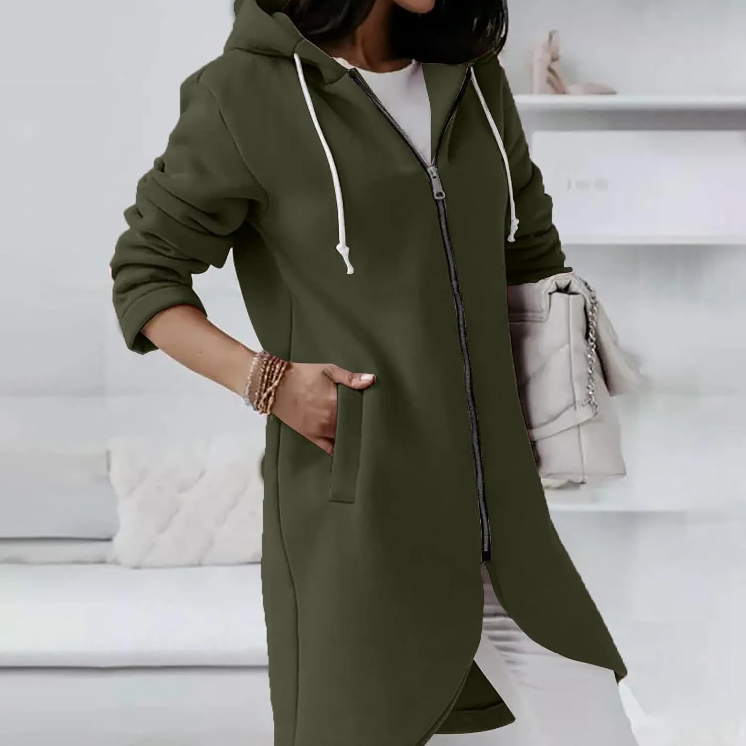 fartey Zip Up Hoodie Women Casual Oversized Long Hoodies Long Sleeve Drawstring Asymmetrical Tunic Sweatshirts With Pockets