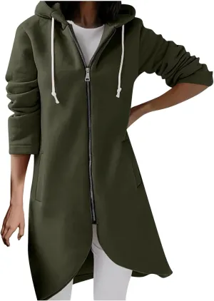 fartey Zip Up Hoodie Women Casual Oversized Long Hoodies Long Sleeve Drawstring Asymmetrical Tunic Sweatshirts With Pockets