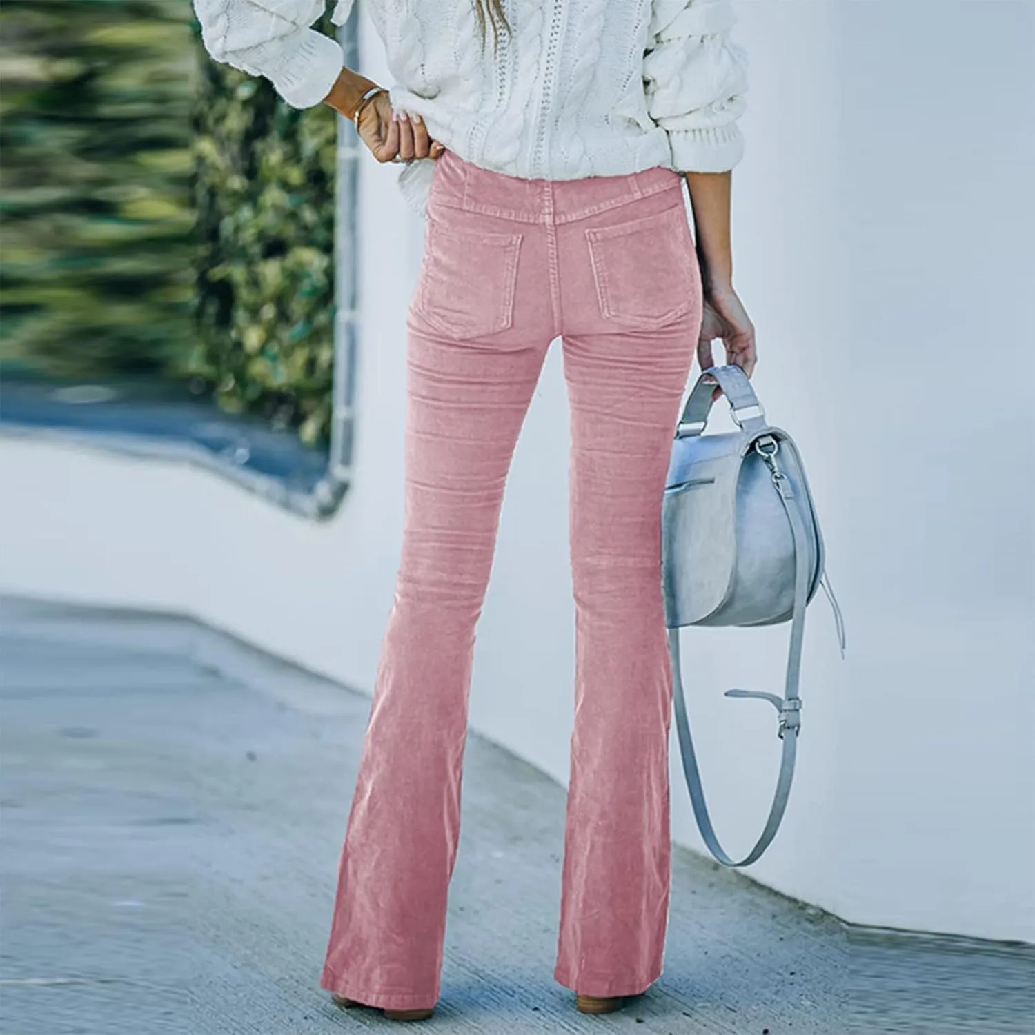 Febecool Cargo Pants Women Solid Color Slim Fit Micro Flared Pants Elastic Waist Casual Pants Corduroy