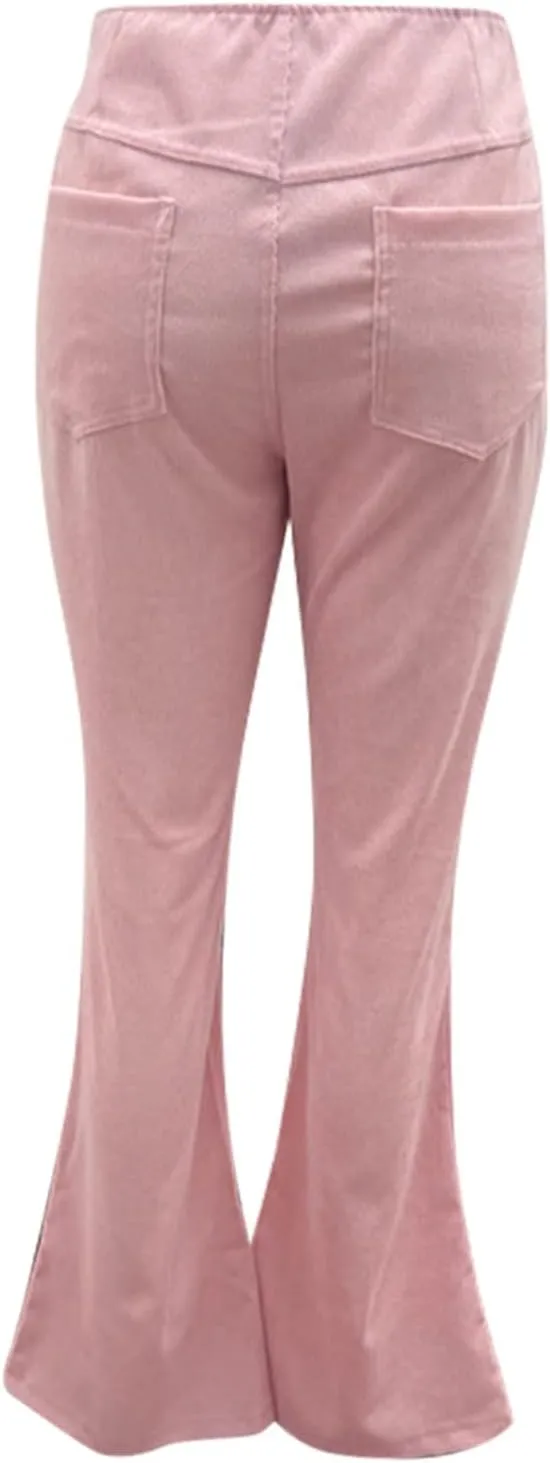 Febecool Cargo Pants Women Solid Color Slim Fit Micro Flared Pants Elastic Waist Casual Pants Corduroy