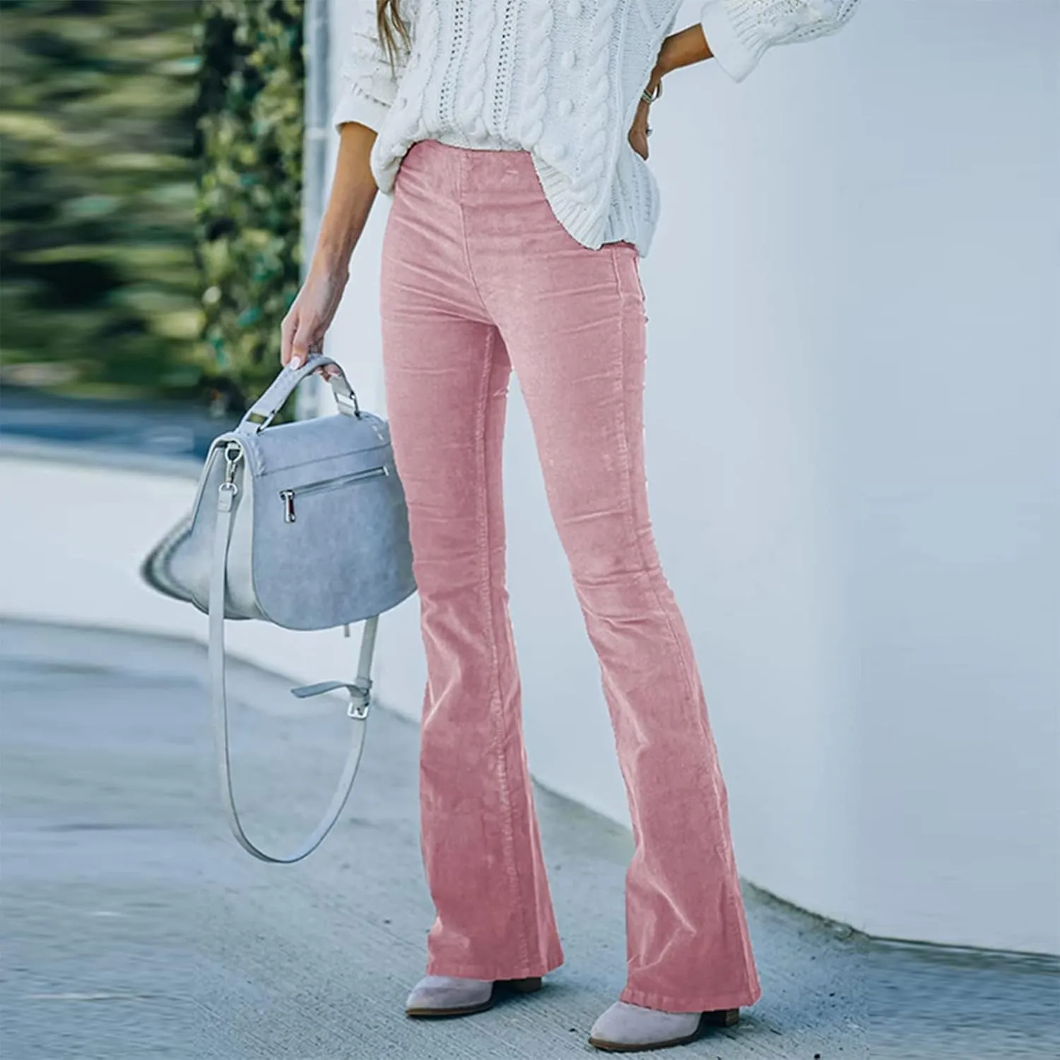 Febecool Cargo Pants Women Solid Color Slim Fit Micro Flared Pants Elastic Waist Casual Pants Corduroy