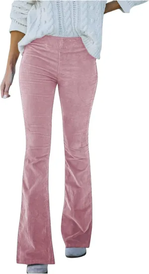 Febecool Cargo Pants Women Solid Color Slim Fit Micro Flared Pants Elastic Waist Casual Pants Corduroy