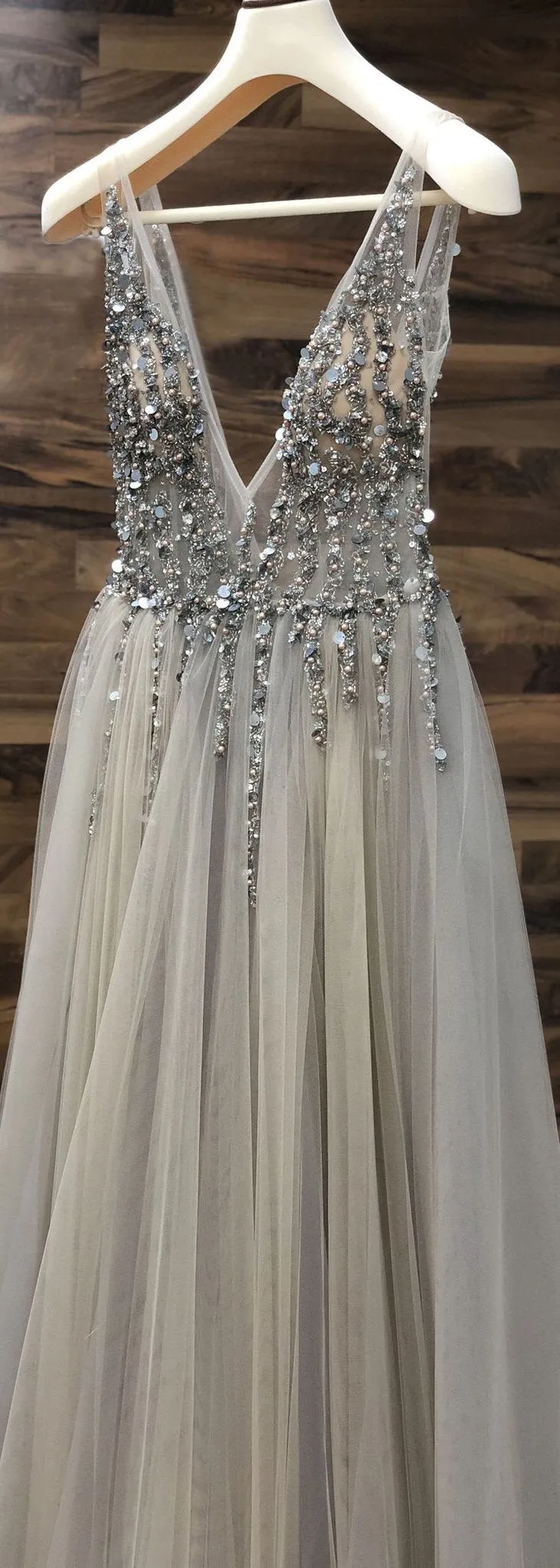 Feminine Plunge V neck See Through Tulle Grey Prom Dress
