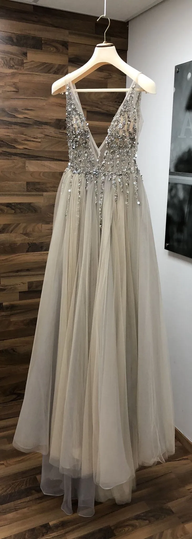 Feminine Plunge V neck See Through Tulle Grey Prom Dress