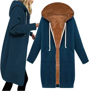 Fleece Lined Hoodie for Women Long Zipper Hoodies Zip Up Oversized Sweatshirts Womens Tunic Sweatshirt Blazer Winter