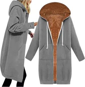 Fleece Lined Hoodie for Women Long Zipper Hoodies Zip Up Oversized Sweatshirts Womens Tunic Sweatshirt Blazer Winter