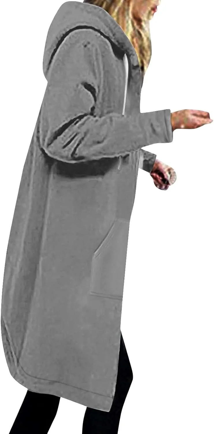 Fleece Lined Hoodie for Women Long Zipper Hoodies Zip Up Oversized Sweatshirts Womens Tunic Sweatshirt Blazer Winter
