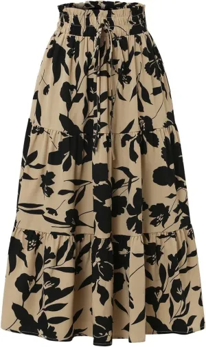Floral Maxi Skirt for Women Summer Casual Tiered Elastic High Waisted Skirts Comfy Vacation Flowy Swing Long Skirts