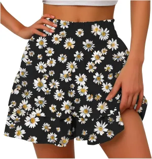 Flowy Shorts for Women Summer Boho Floral Print Ruffle Mini Skirts Comfy Baggy High Waisted Tennis Running Shorts