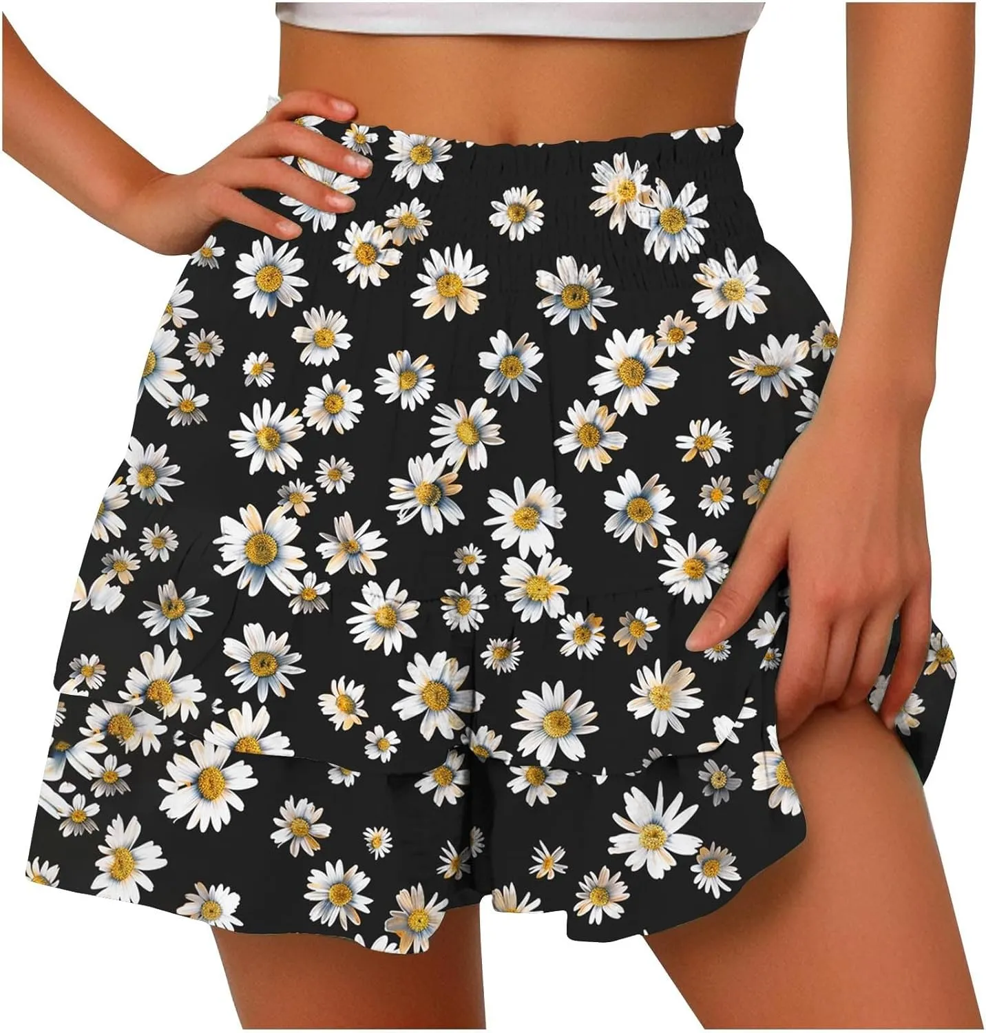 Flowy Shorts for Women Summer Boho Floral Print Ruffle Mini Skirts Comfy Baggy High Waisted Tennis Running Shorts