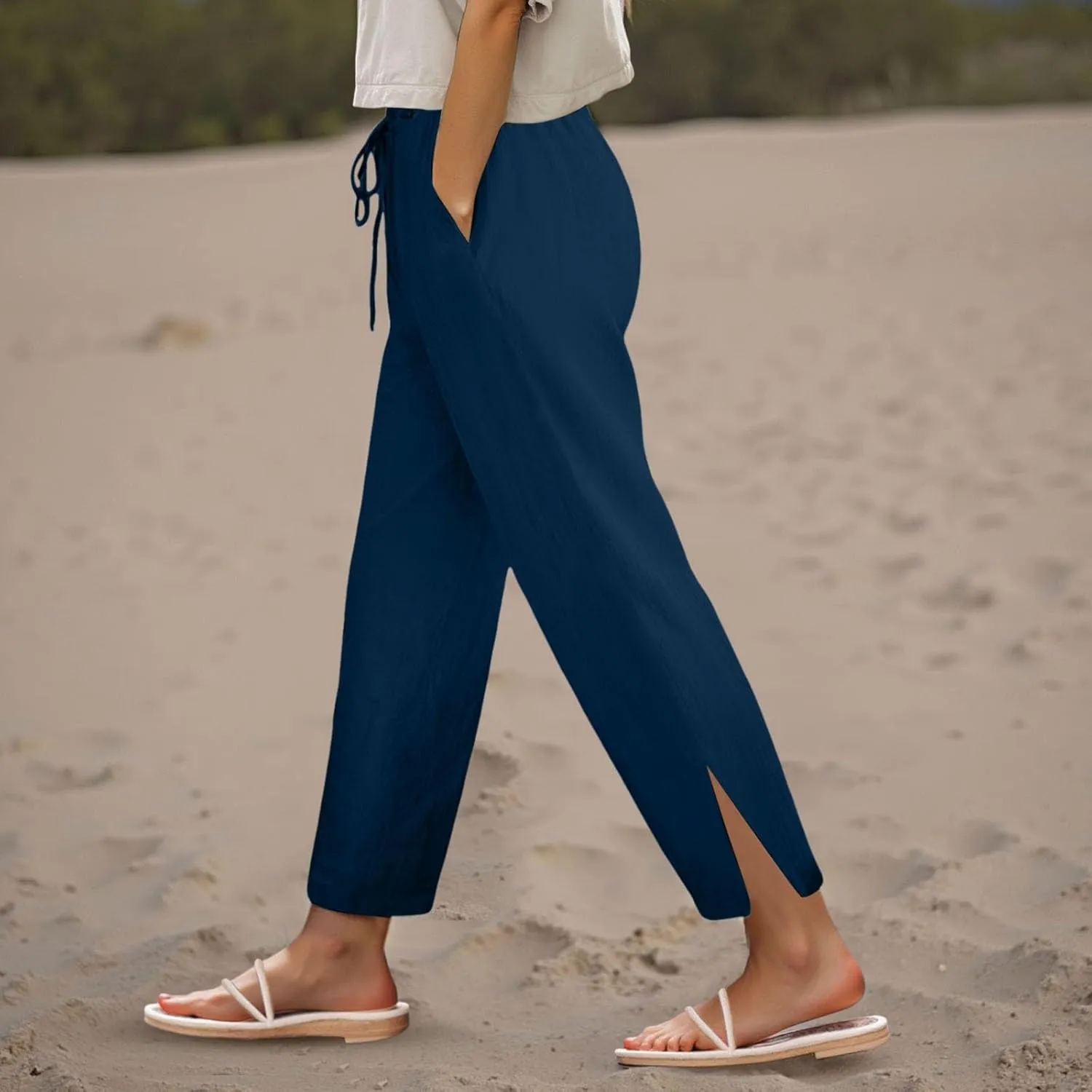 FZVYD Linen Pants for Women 2025 Summer High Waist Elastic Straight Leg Lounge Pant Casual Loose Lightweight Beach Trousers