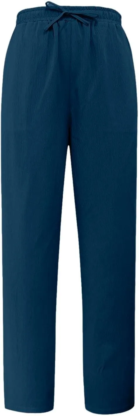 FZVYD Linen Pants for Women 2025 Summer High Waist Elastic Straight Leg Lounge Pant Casual Loose Lightweight Beach Trousers