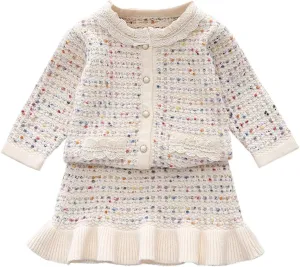 Girl's 2 Piece Outfits Plaid Tweed Half Sleeve Jacket and Ruffle Mini Skirt Set 0-11Y