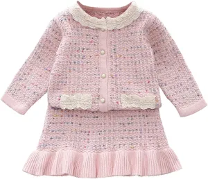 Girl's 2 Piece Outfits Plaid Tweed Half Sleeve Jacket and Ruffle Mini Skirt Set 0-11Y