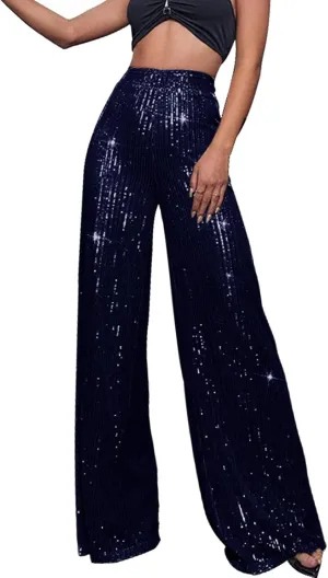 GOKKILRW Sequin Pant for Women Sparkly Glitter High Waist Wide Leg Slacks 70s Disco Party Night Club Trouser Shinny Buttoms