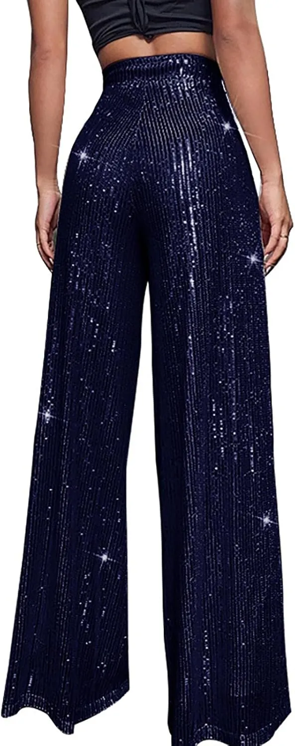 GOKKILRW Sequin Pant for Women Sparkly Glitter High Waist Wide Leg Slacks 70s Disco Party Night Club Trouser Shinny Buttoms