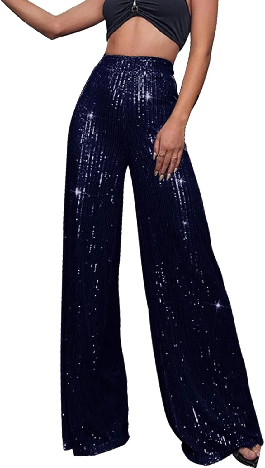 GOKKILRW Sequin Pant for Women Sparkly Glitter High Waist Wide Leg Slacks 70s Disco Party Night Club Trouser Shinny Buttoms