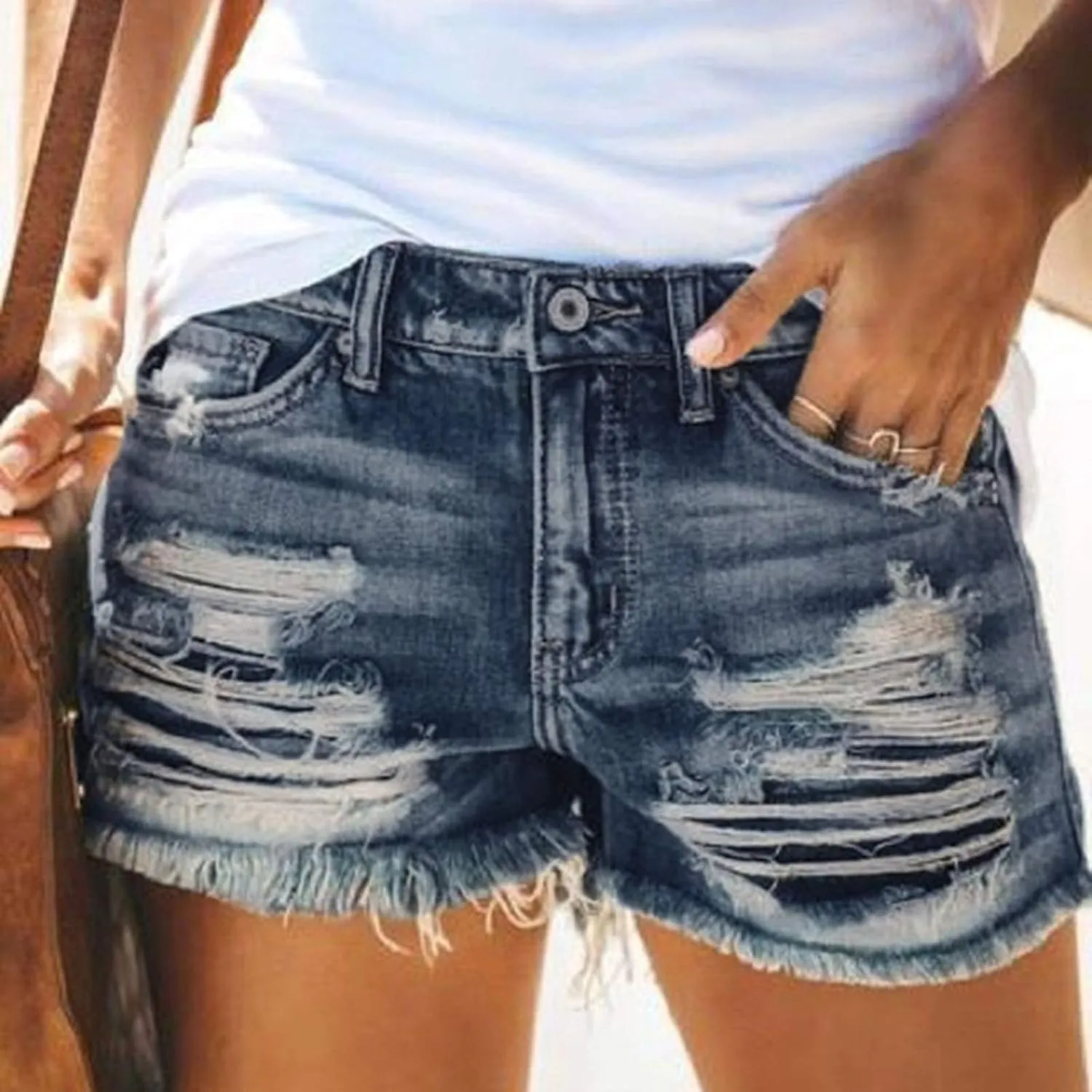 GOKKILRW Womens High Waisted Denim Shorts Casual Ripped Mid Rise Summer Hot Short Jeans Fray Distressed Stretchy Jean Shorts