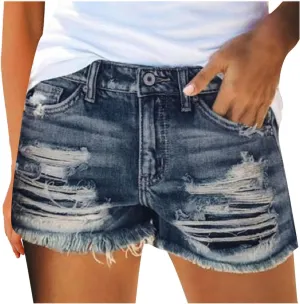 GOKKILRW Womens High Waisted Denim Shorts Casual Ripped Mid Rise Summer Hot Short Jeans Fray Distressed Stretchy Jean Shorts
