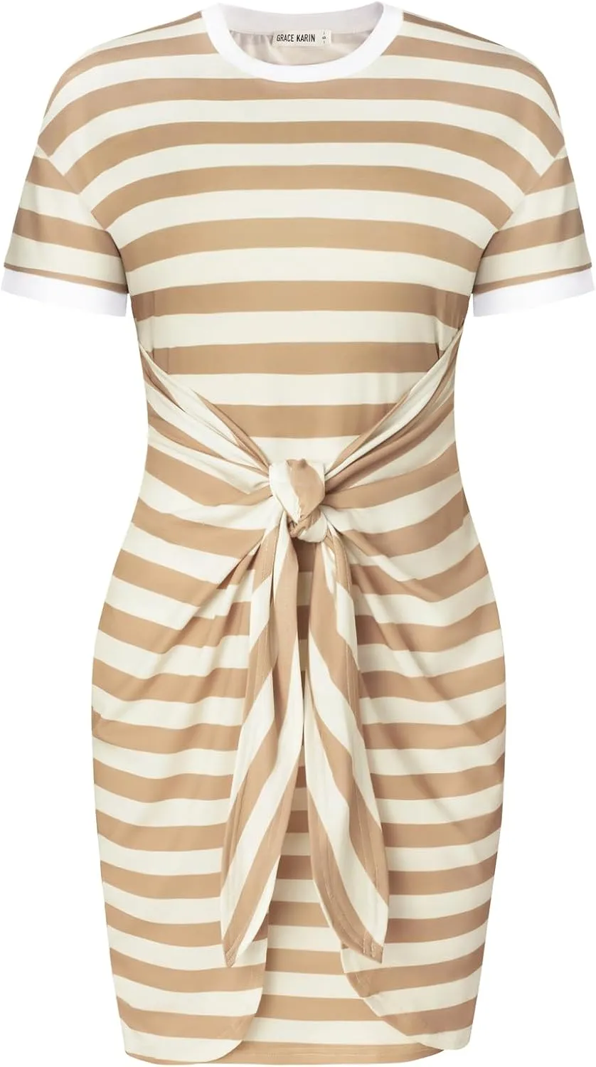 GRACE KARIN Striped Shirt Dresses for Women Front Tie Crewneck Wrap Dress Short Sleeve T-Shirt Casual Mini Bodycon Dress