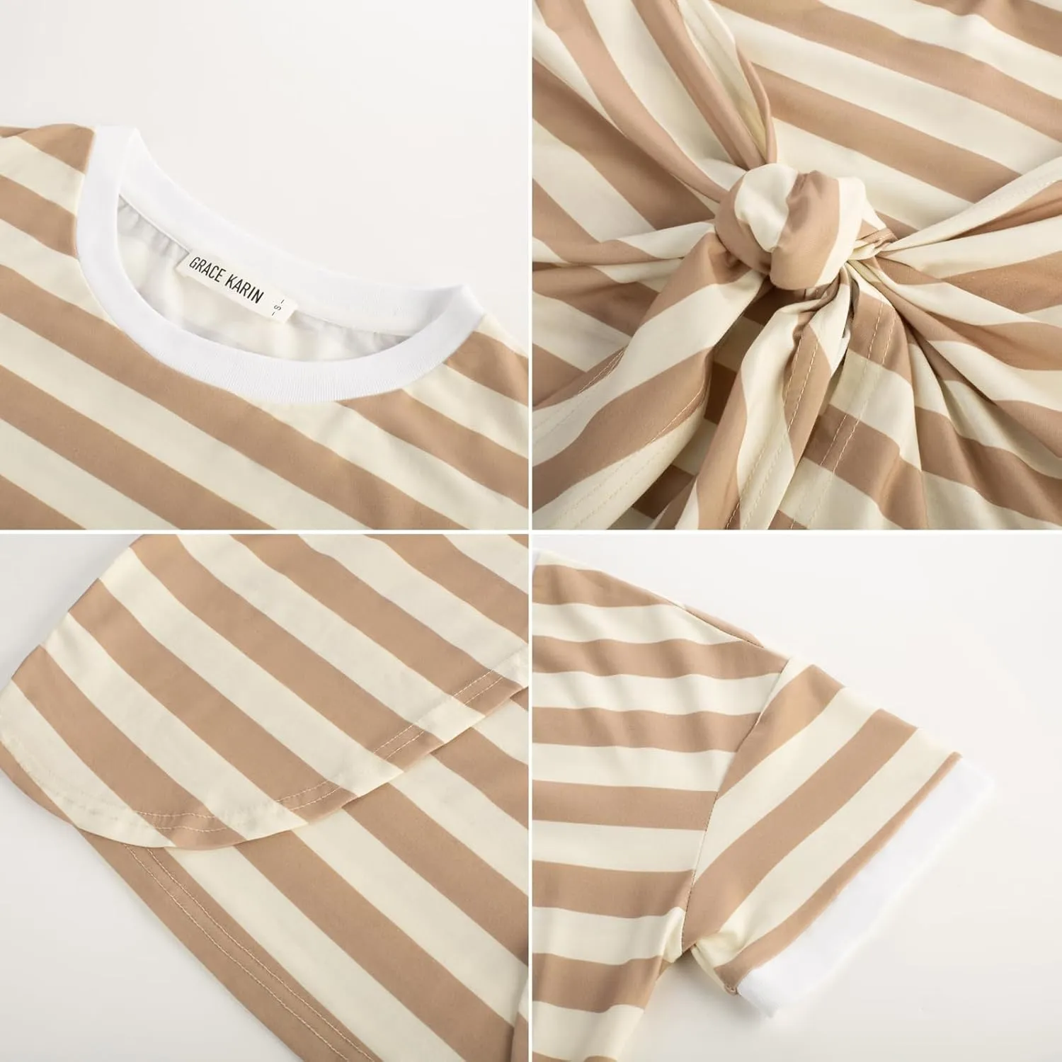 GRACE KARIN Striped Shirt Dresses for Women Front Tie Crewneck Wrap Dress Short Sleeve T-Shirt Casual Mini Bodycon Dress