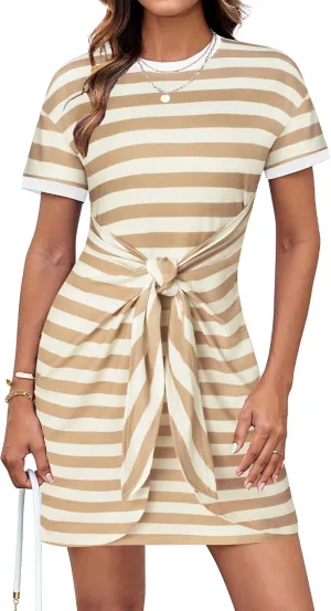 GRACE KARIN Striped Shirt Dresses for Women Front Tie Crewneck Wrap Dress Short Sleeve T-Shirt Casual Mini Bodycon Dress