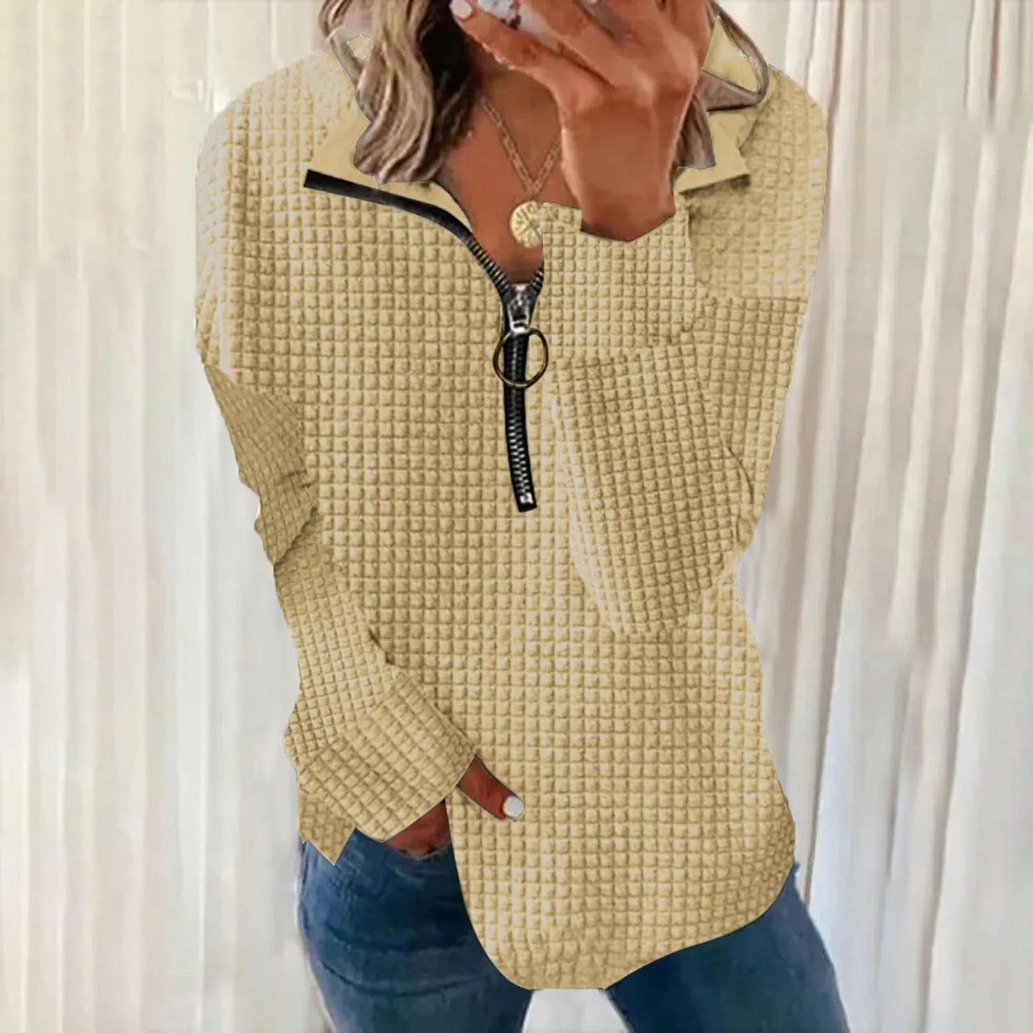 Half Zip Sweatshirt Women 1/2 Zipper Oversized Waffle Quilted Pattern Cropped Pullover Fall Winter Tops