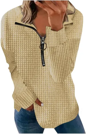 Half Zip Sweatshirt Women 1/2 Zipper Oversized Waffle Quilted Pattern Cropped Pullover Fall Winter Tops