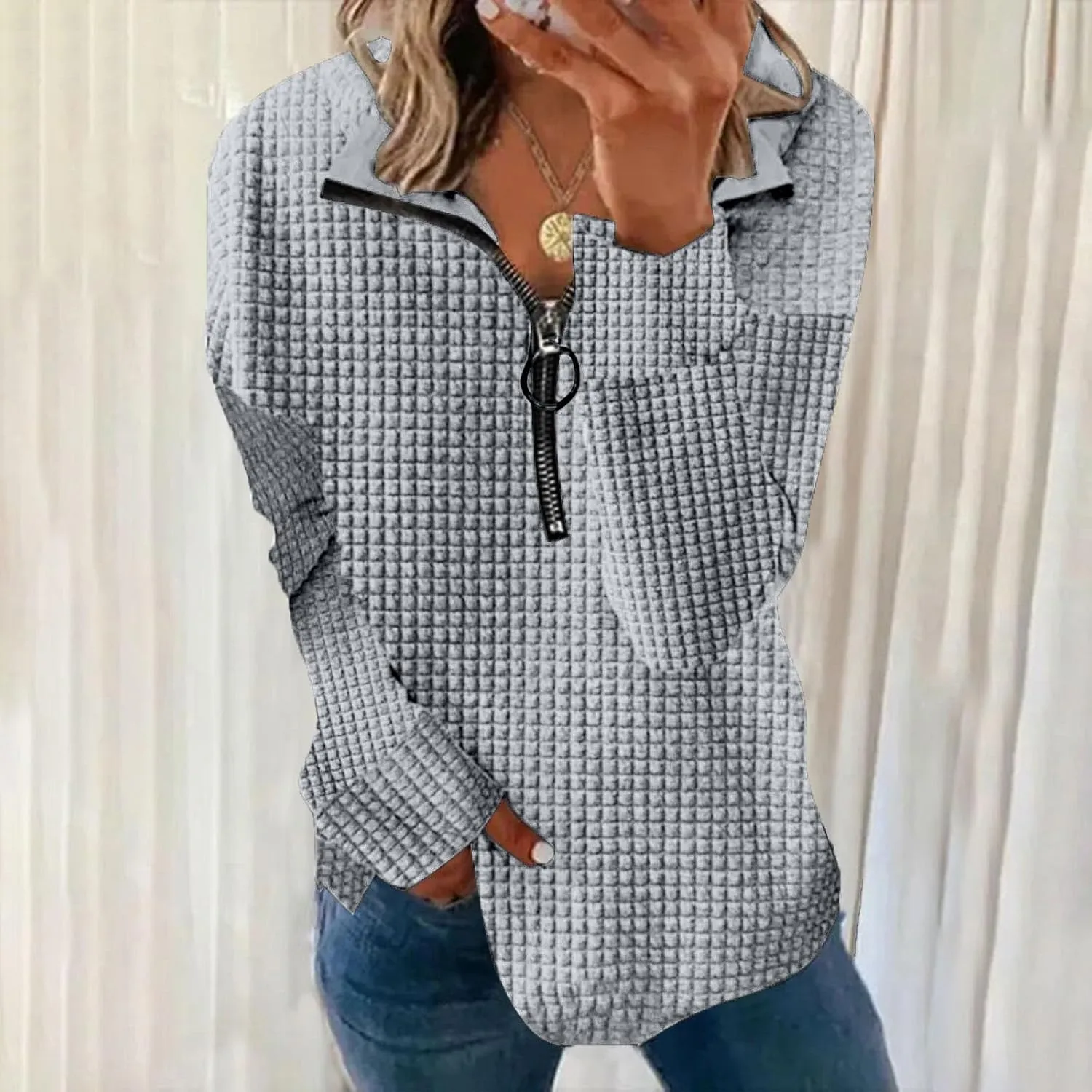 Half Zip Sweatshirt Women 1/2 Zipper Oversized Waffle Quilted Pattern Cropped Pullover Fall Winter Tops