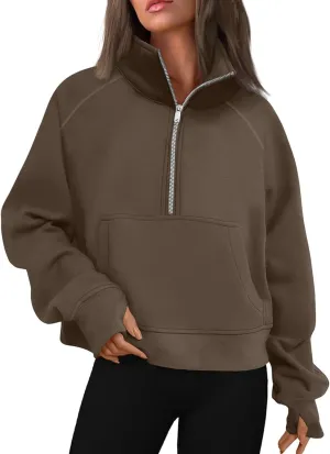 Half Zip Sweatshirt Women Fleece Thumb Hole Cropped Sweatshirts Stand Collared Loose Fit Plain Zip Up Pullover Tops