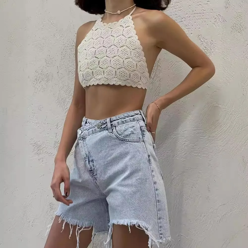 heyheyshine Women's High-Waisted Denim Shorts Hem Tassels Crossover Jean Shorts Casual Summer Denim Jean Shorts