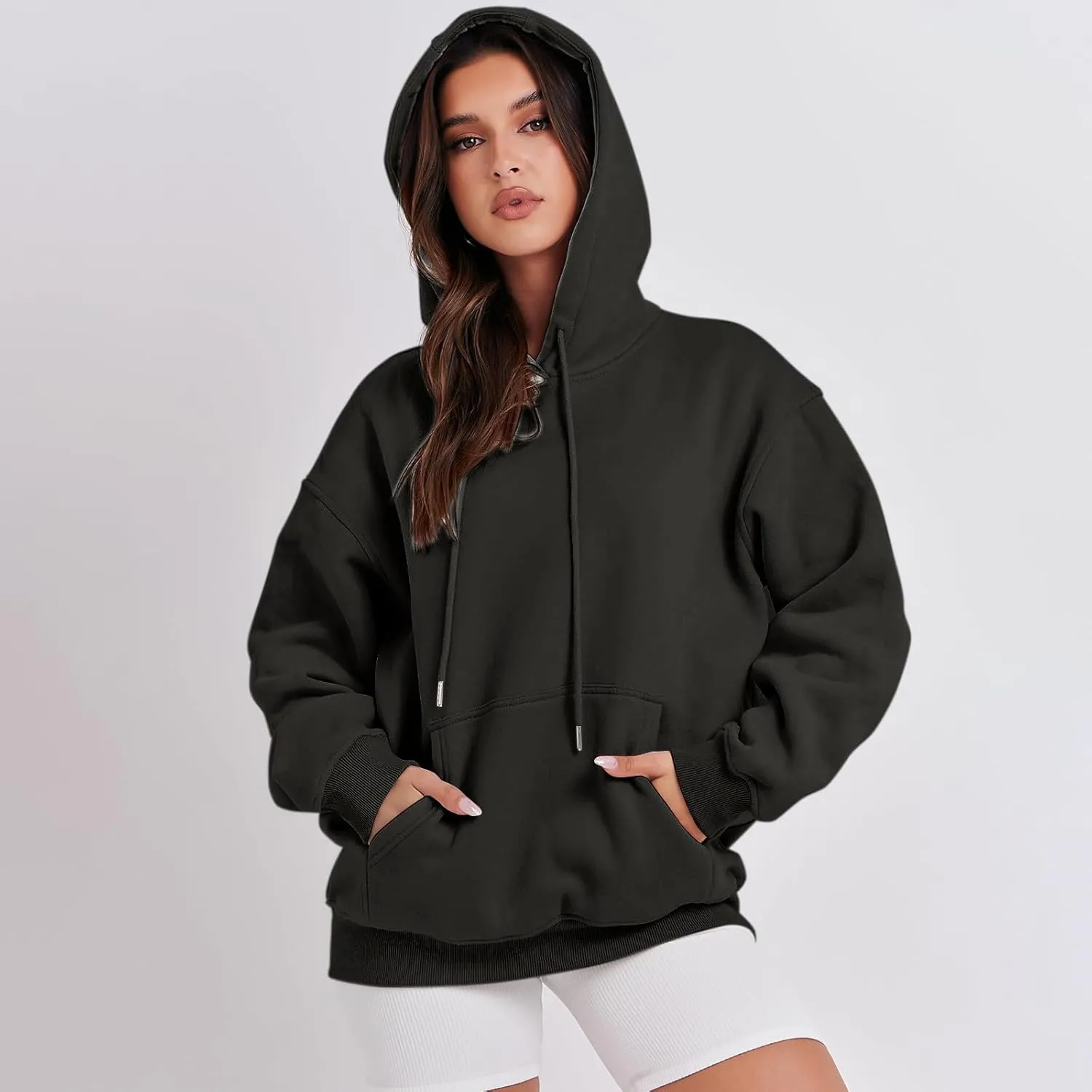 Hoodies for Women Oversized Solid Color Long Sleeve Hooded Sweater Basic Pullover Sweatshirts with Pocket