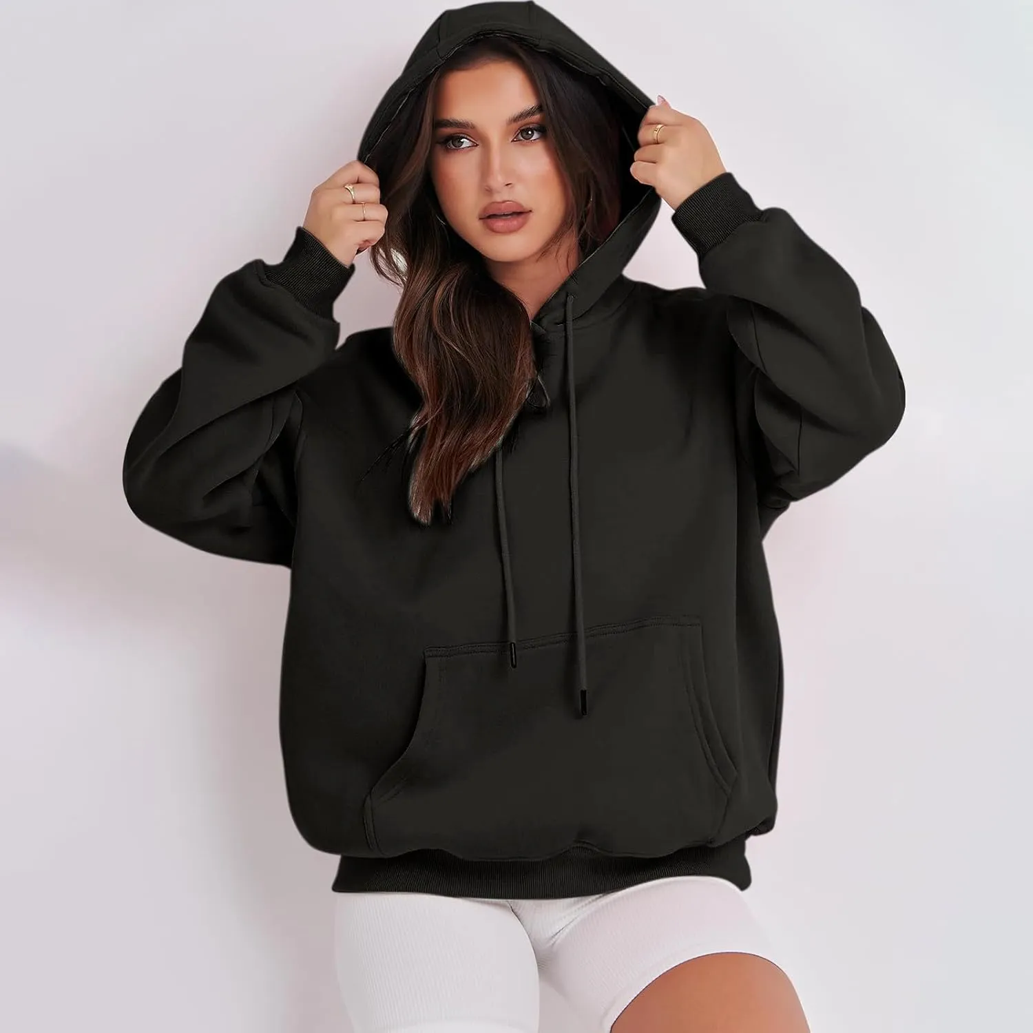 Hoodies for Women Oversized Solid Color Long Sleeve Hooded Sweater Basic Pullover Sweatshirts with Pocket