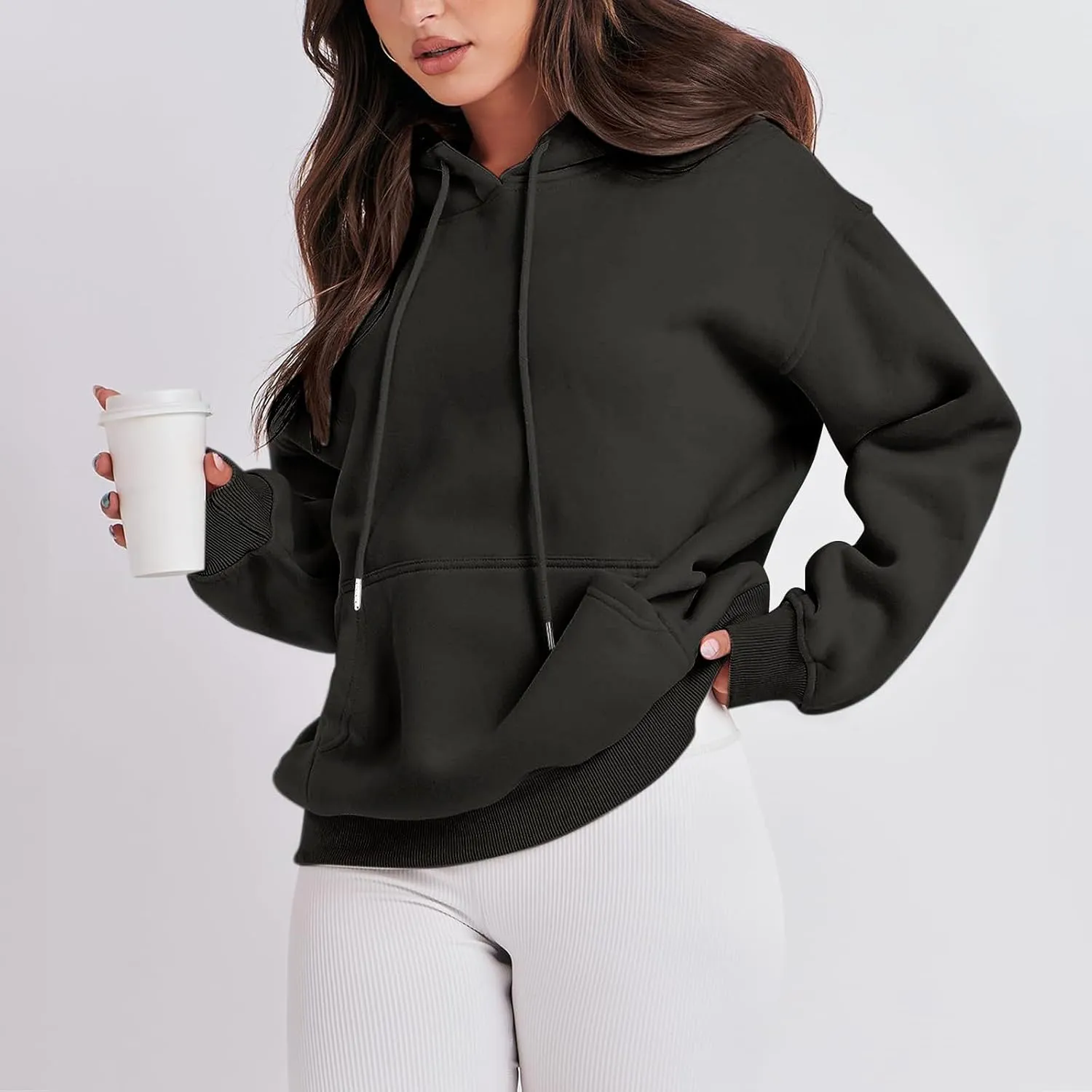 Hoodies for Women Oversized Solid Color Long Sleeve Hooded Sweater Basic Pullover Sweatshirts with Pocket