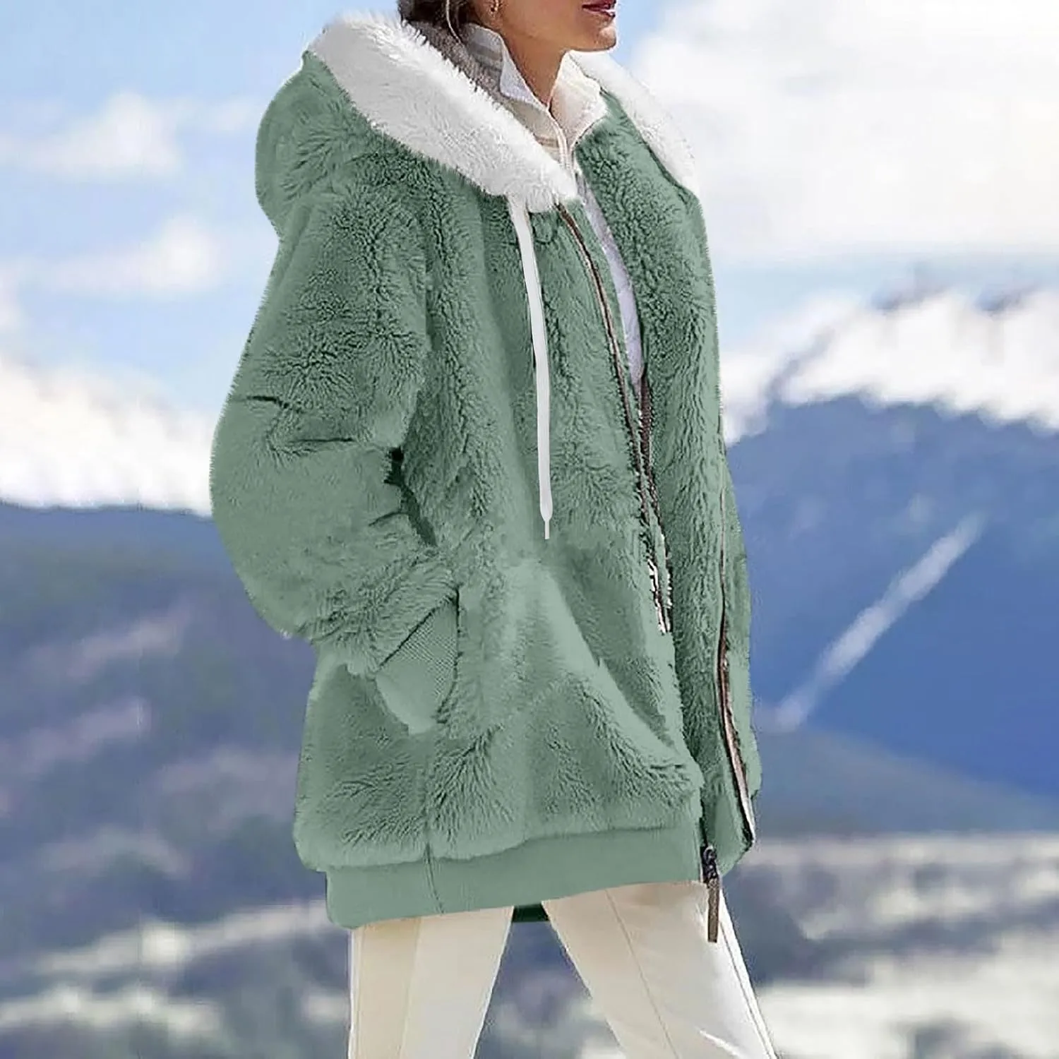 HXHYQKP Womens Fleece Zip Up Jacket Winter Coats Plus Size Jacket Hoodies Plush Warm Fuzzy Coat with Pockets