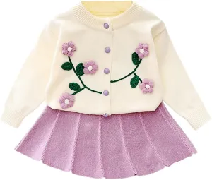 IBTOM CASTLE Toddler Baby Girl Knitted Long Sleeve Sweater Buttons Tops Mini Pleated Skirt Bowknot Clothes Fall Outfit Set
