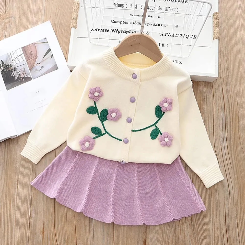 IBTOM CASTLE Toddler Baby Girl Knitted Long Sleeve Sweater Buttons Tops Mini Pleated Skirt Bowknot Clothes Fall Outfit Set