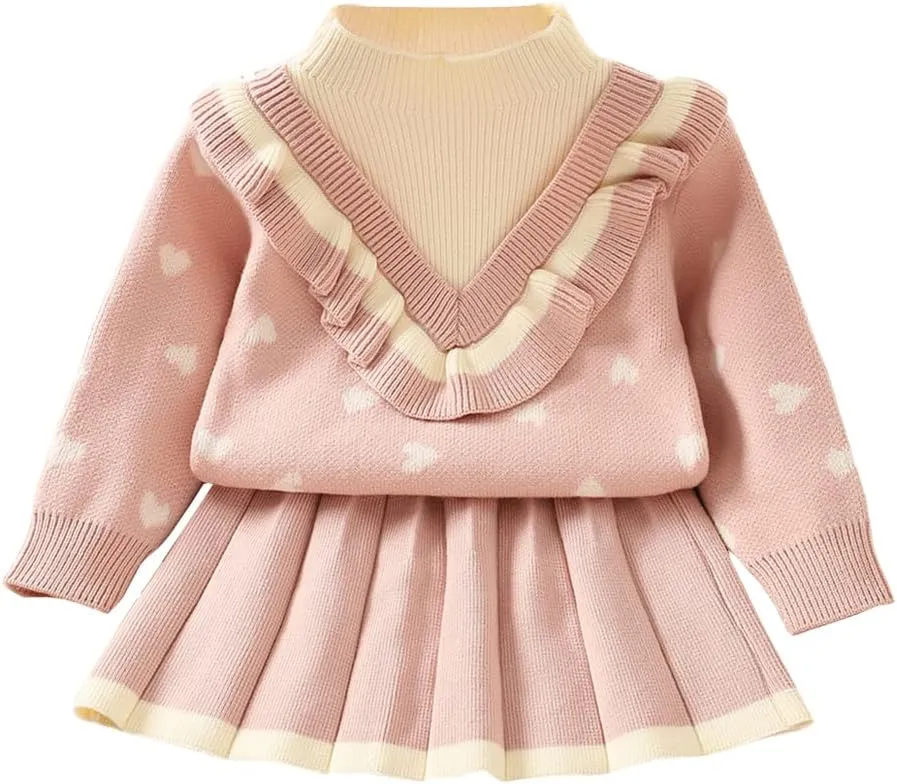 IBTOM CASTLE Toddler Baby Girl Knitted Long Sleeve Sweater Buttons Tops Mini Pleated Skirt Bowknot Clothes Fall Outfit Set