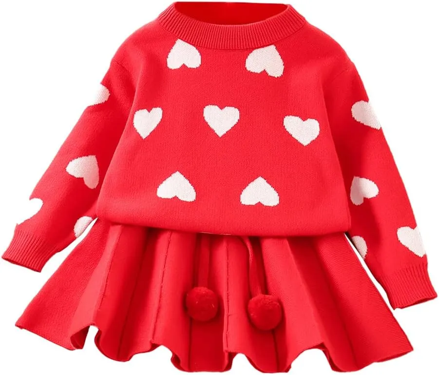 IBTOM CASTLE Toddler Baby Girl Knitted Long Sleeve Sweater Buttons Tops Mini Pleated Skirt Bowknot Clothes Fall Outfit Set