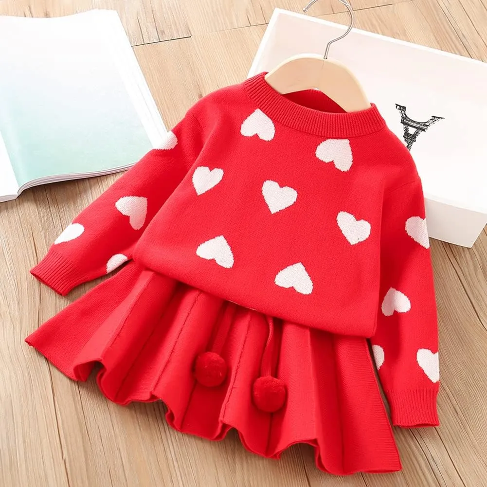 IBTOM CASTLE Toddler Baby Girl Knitted Long Sleeve Sweater Buttons Tops Mini Pleated Skirt Bowknot Clothes Fall Outfit Set