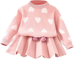 IBTOM CASTLE Toddler Baby Girl Knitted Long Sleeve Sweater Buttons Tops Mini Pleated Skirt Bowknot Clothes Fall Outfit Set