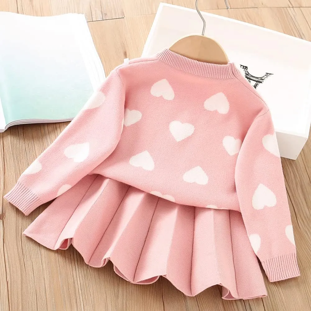 IBTOM CASTLE Toddler Baby Girl Knitted Long Sleeve Sweater Buttons Tops Mini Pleated Skirt Bowknot Clothes Fall Outfit Set
