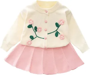 IBTOM CASTLE Toddler Baby Girl Knitted Long Sleeve Sweater Buttons Tops Mini Pleated Skirt Bowknot Clothes Fall Outfit Set