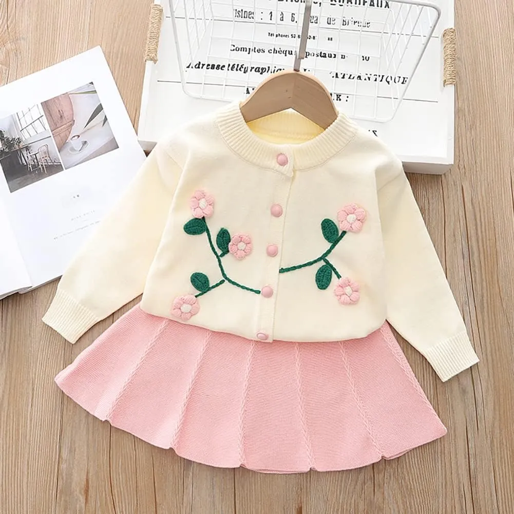IBTOM CASTLE Toddler Baby Girl Knitted Long Sleeve Sweater Buttons Tops Mini Pleated Skirt Bowknot Clothes Fall Outfit Set