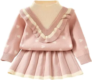 IBTOM CASTLE Toddler Baby Girl Knitted Long Sleeve Sweater Buttons Tops Mini Pleated Skirt Bowknot Clothes Fall Outfit Set