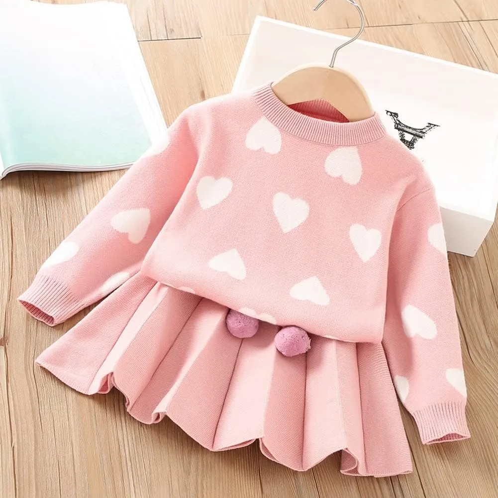 IBTOM CASTLE Toddler Baby Girl Knitted Long Sleeve Sweater Buttons Tops Mini Pleated Skirt Bowknot Clothes Fall Outfit Set