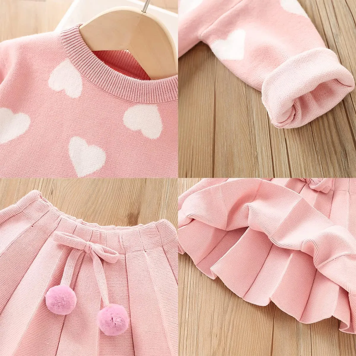 IBTOM CASTLE Toddler Baby Girl Knitted Long Sleeve Sweater Buttons Tops Mini Pleated Skirt Bowknot Clothes Fall Outfit Set