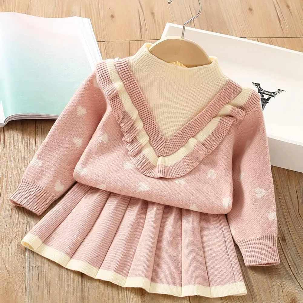 IBTOM CASTLE Toddler Baby Girl Knitted Long Sleeve Sweater Buttons Tops Mini Pleated Skirt Bowknot Clothes Fall Outfit Set