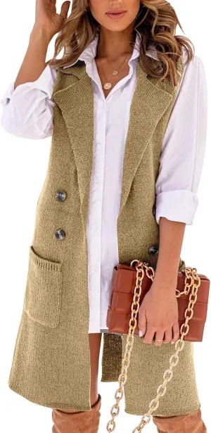 IDEALSANXUN Womens Long Sweater Vest Fall Winter Sleeveless Knit Cardigan Outerwear
